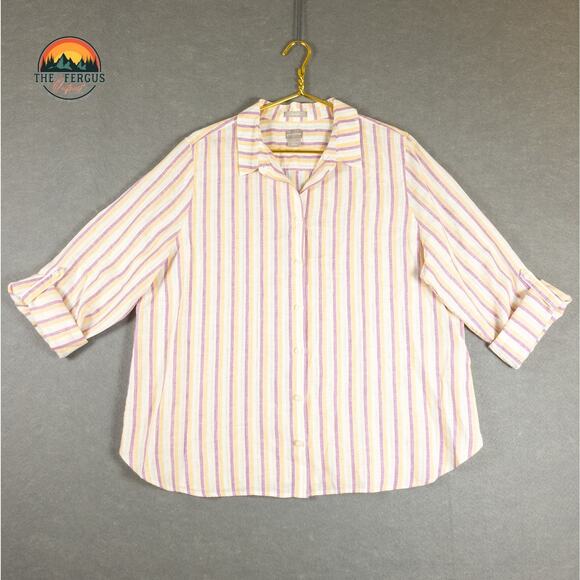 Chico's Tops - Chicos Striped 100% Linen Pink No Iron Button Up Shirt Plus Women's Sz 3 (16/18)